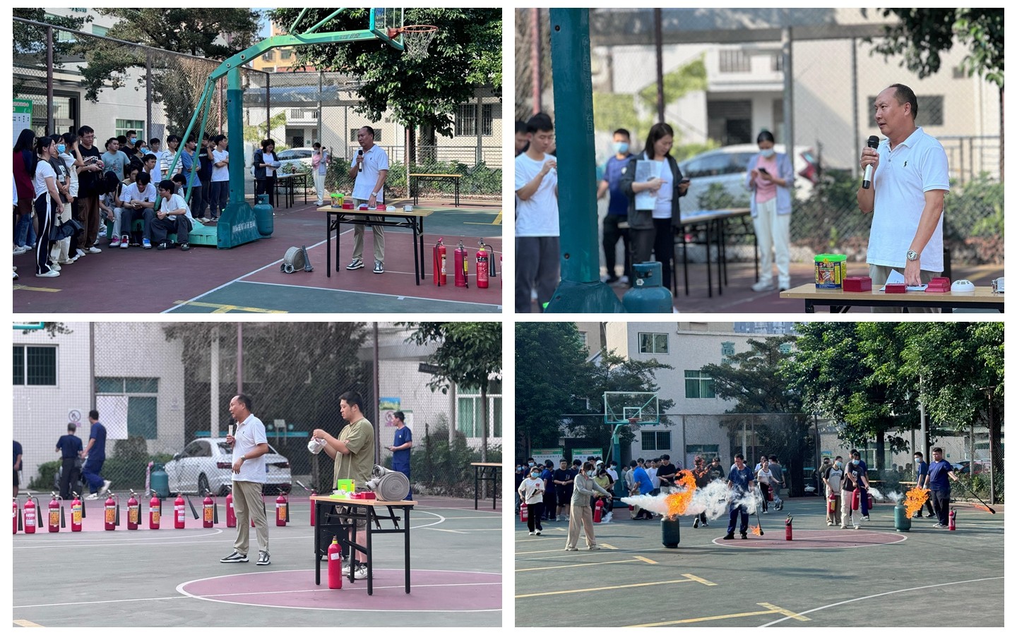 03总务后勤部相关负责人及老师详细讲解、示范灭火器、防毒面罩